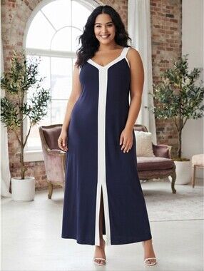 2X ​VIP Knits by Avenue Navy Blue White Trim Maxi Dress With Front Slit